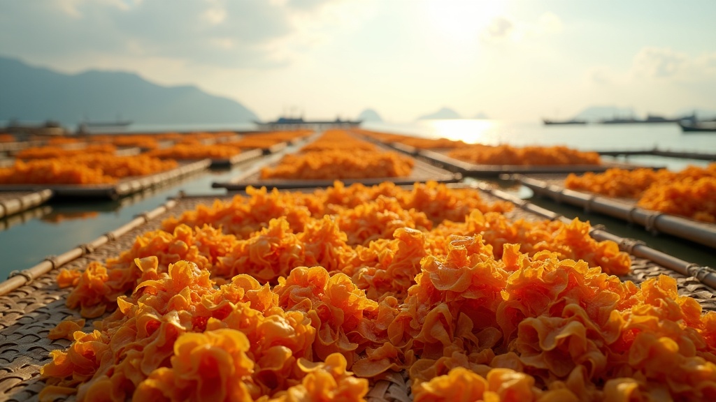 Dried Indonesian Eucheuma cottonii sea moss drying on bamboo mats by a coastal seaweed farm